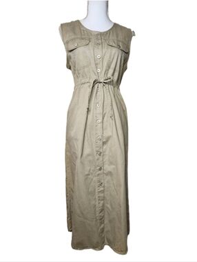 Vintage Erika Womens 8 Tan Utility Button Dress Canvas Tie Front Sleeveless